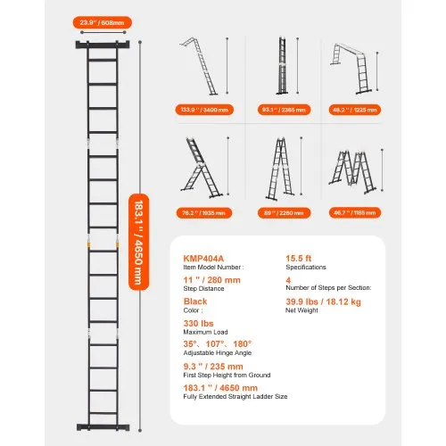 Joparri Multifunctionele ladder, 4 x 4 treden, 4,7 m, aluminium met 2 steigerplaten en 2 wielen, huishoudladder, vouwladder, werkladder, 16 treden, maximale belasting 150 kg