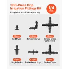 300Pcs Drip Irrigation Fitting Parts Kit for 1/4" Tubing for Yard Garden Lawn