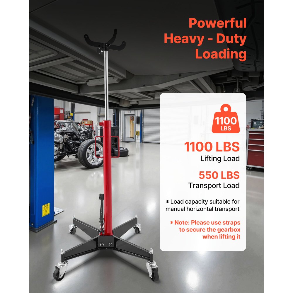 VEVOR Hydraulic Transmission Jack, 1100 lbs / 0.5 Ton Lifting Capacity Telescoping Transmission Jack with Foot Pedal, 360° Swivel Wheel, 44-73.6 in High Lifting Height, Lift Hoist for Garage/Shop