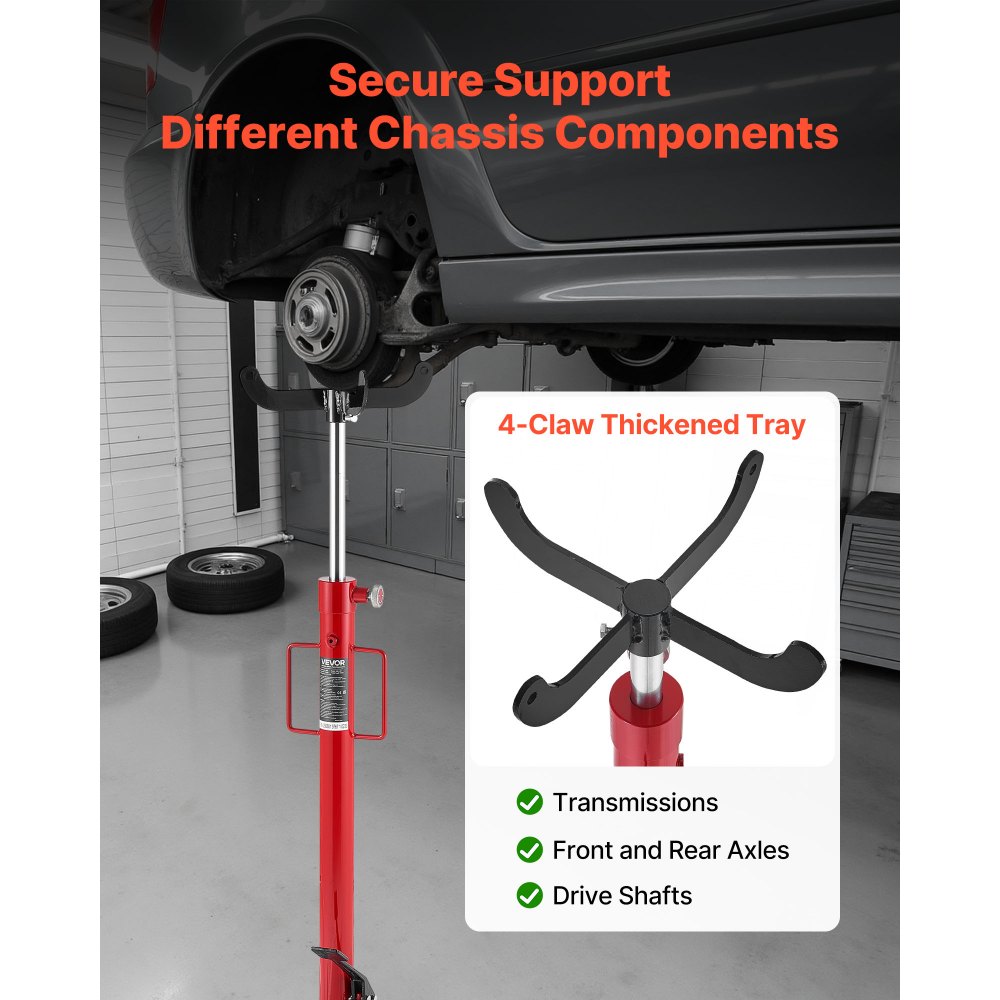 VEVOR Hydraulic Transmission Jack, 1100 lbs / 0.5 Ton Lifting Capacity Telescoping Transmission Jack with Foot Pedal, 360° Swivel Wheel, 44-73.6 in High Lifting Height, Lift Hoist for Garage/Shop