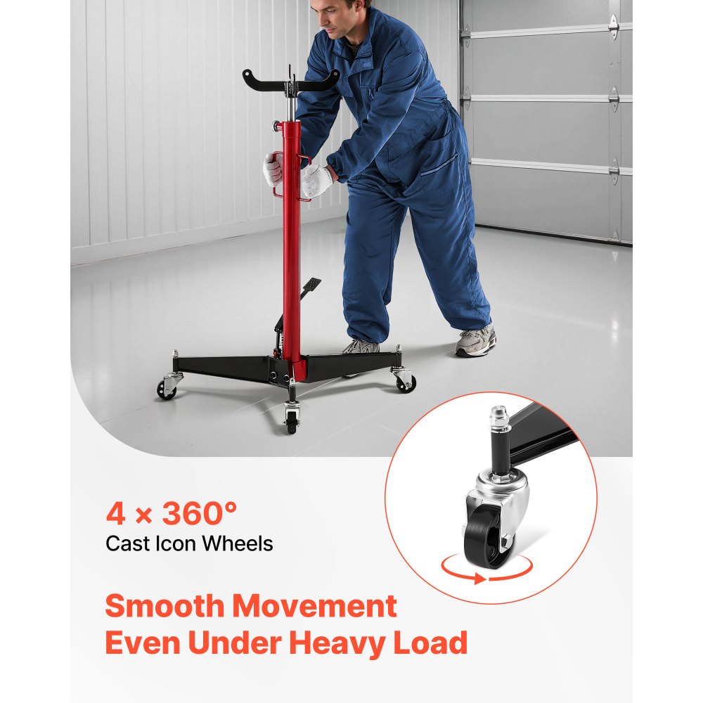 VEVOR Hydraulic Transmission Jack, 1100 lbs / 0.5 Ton Lifting Capacity Telescoping Transmission Jack with Foot Pedal, 360° Swivel Wheel, 44-73.6 in High Lifting Height, Lift Hoist for Garage/Shop