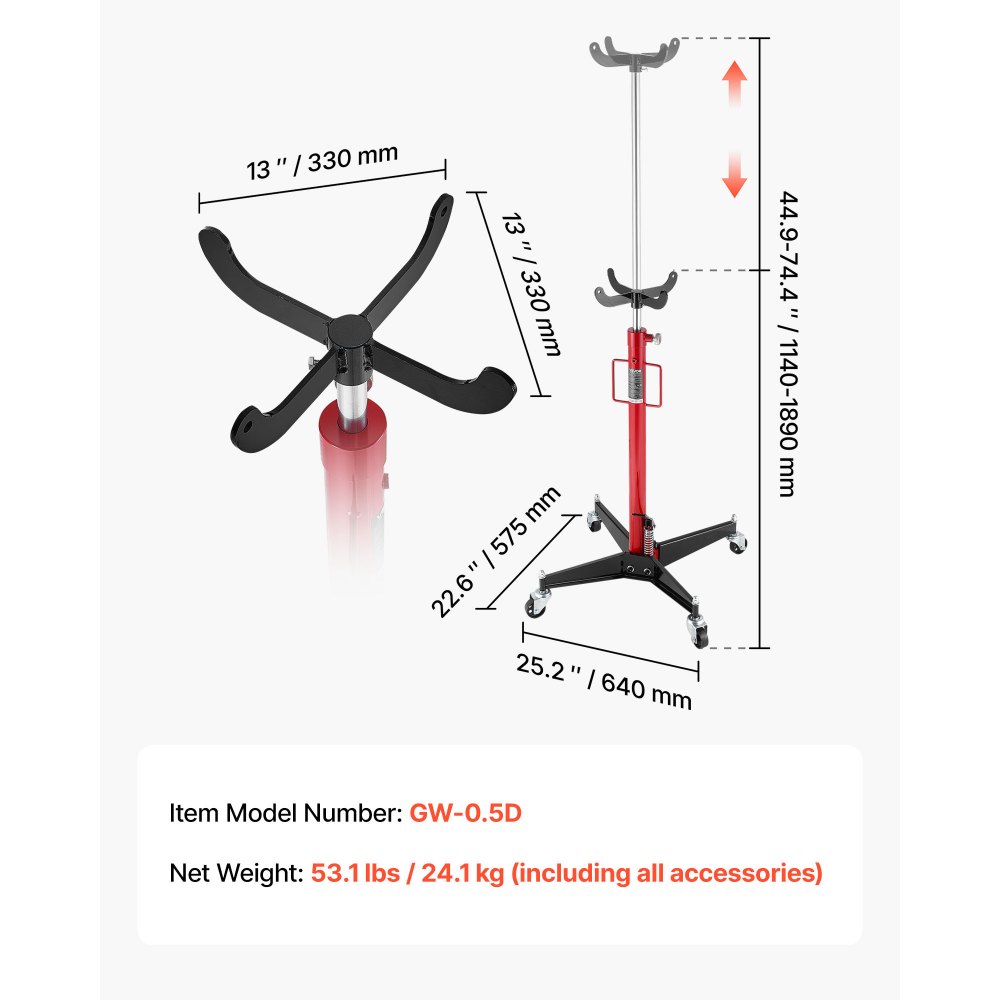 VEVOR Hydraulic Transmission Jack, 1100 lbs / 0.5 Ton Lifting Capacity Telescoping Transmission Jack with Foot Pedal, 360° Swivel Wheel, 44-73.6 in High Lifting Height, Lift Hoist for Garage/Shop