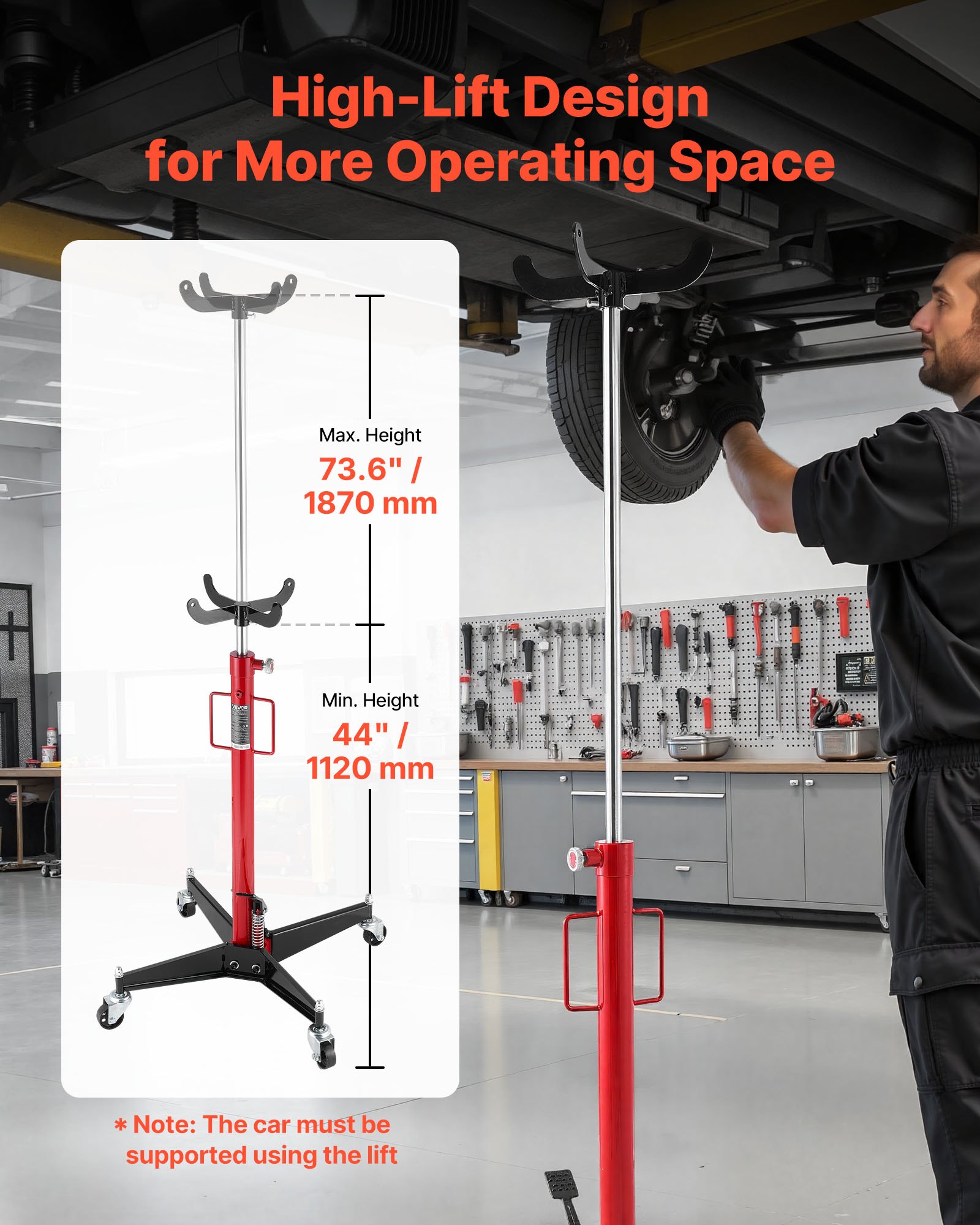 VEVOR Hydraulic Transmission Jack, 1100 lbs / 0.5 Ton Lifting Capacity Telescoping Transmission Jack with Foot Pedal, 360° Swivel Wheel, 44-73.6 in High Lifting Height, Lift Hoist for Garage/Shop