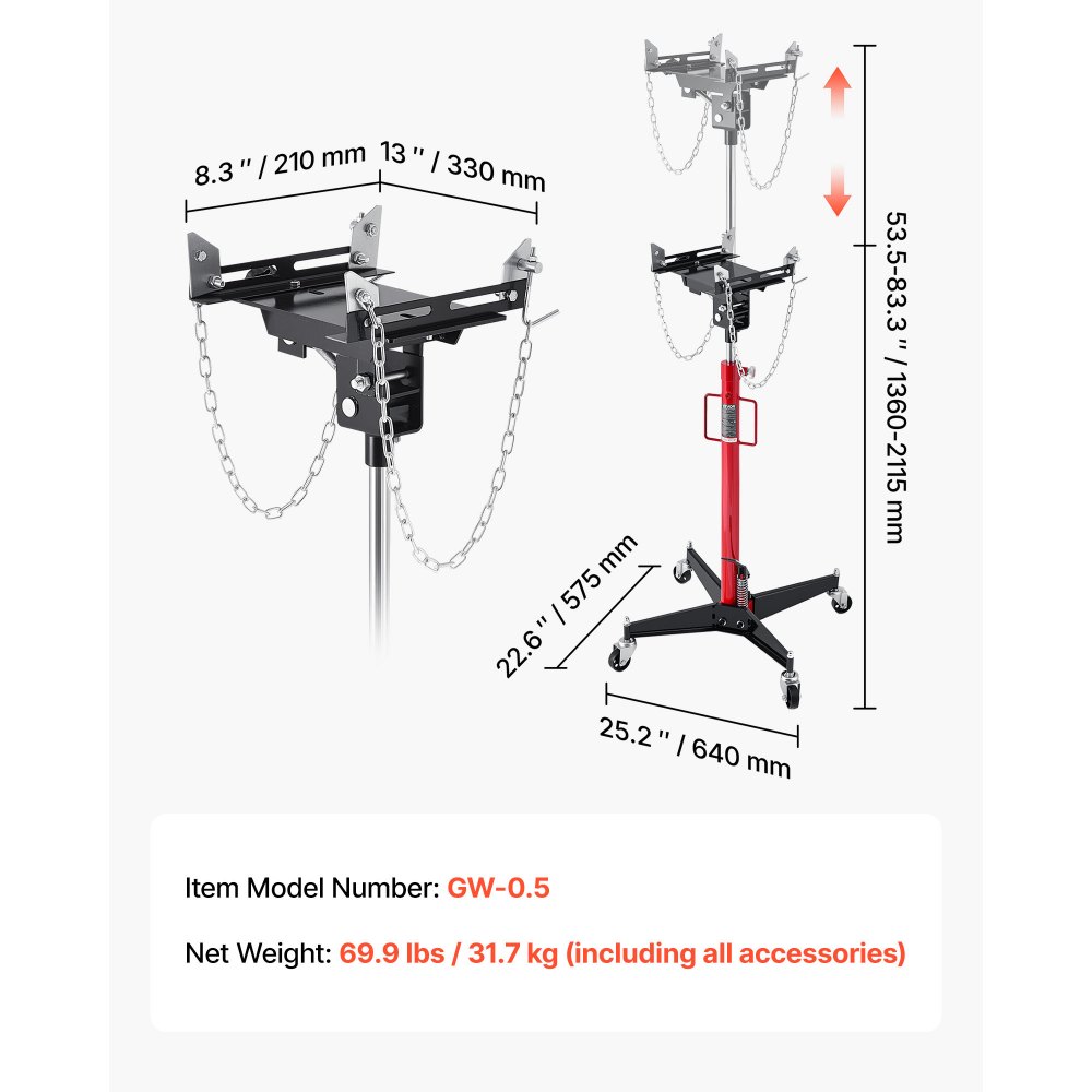 VEVOR Hydraulic Transmission Jack, 1100 lbs / 0.5 Ton Lifting Capacity Telescoping Transmission Jack with Foot Pedal, 360° Swivel Wheel, 50-79.5 in High Lifting Height, Lift Hoist for Garage/Shop