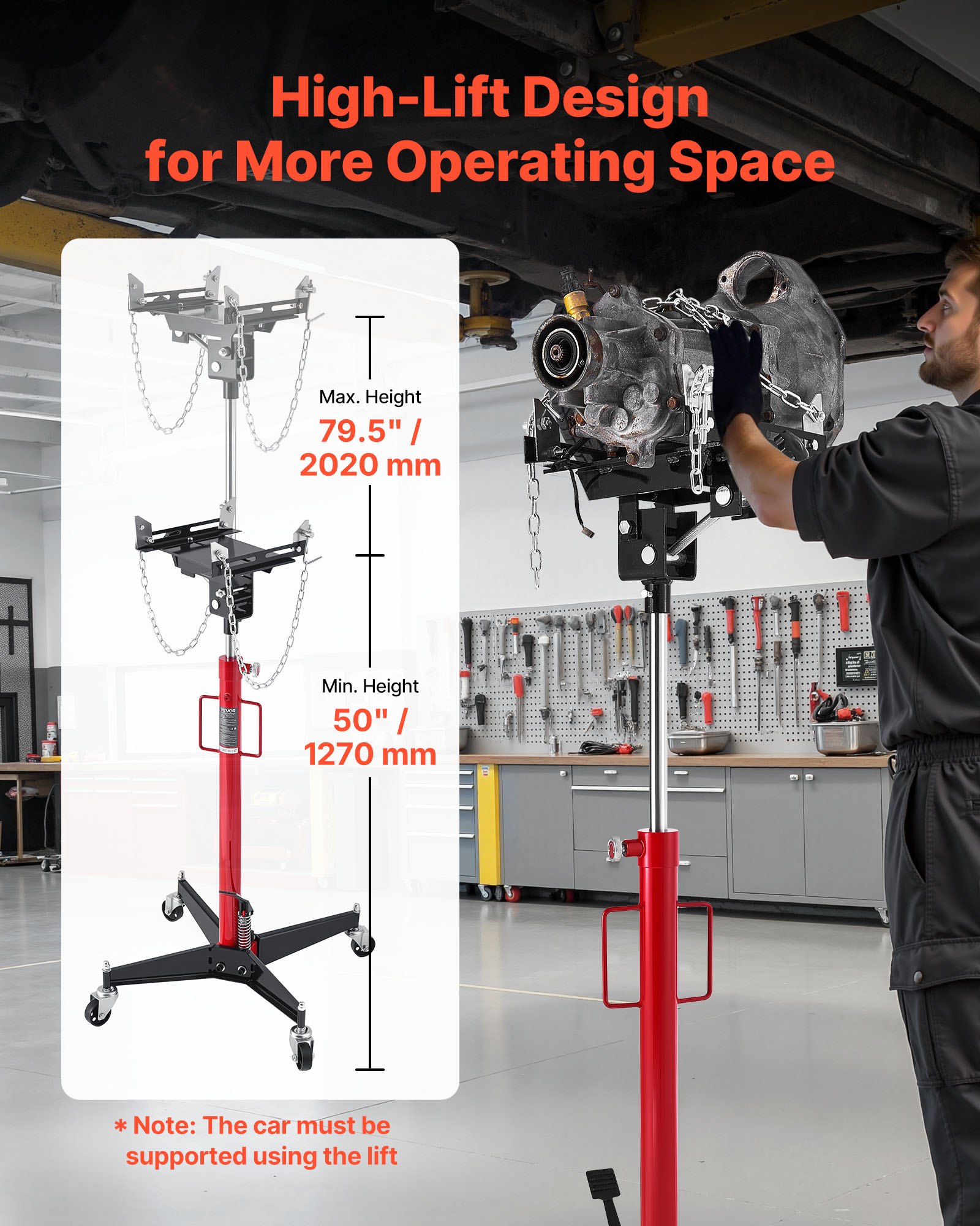 VEVOR Hydraulic Transmission Jack, 1100 lbs / 0.5 Ton Lifting Capacity Telescoping Transmission Jack with Foot Pedal, 360° Swivel Wheel, 50-79.5 in High Lifting Height, Lift Hoist for Garage/Shop