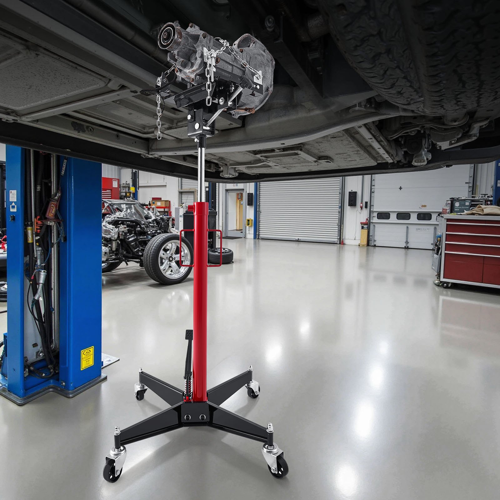 VEVOR Hydraulic Transmission Jack, 1100 lbs / 0.5 Ton Lifting Capacity Telescoping Transmission Jack with Foot Pedal, 360° Swivel Wheel, 50-79.5 in High Lifting Height, Lift Hoist for Garage/Shop