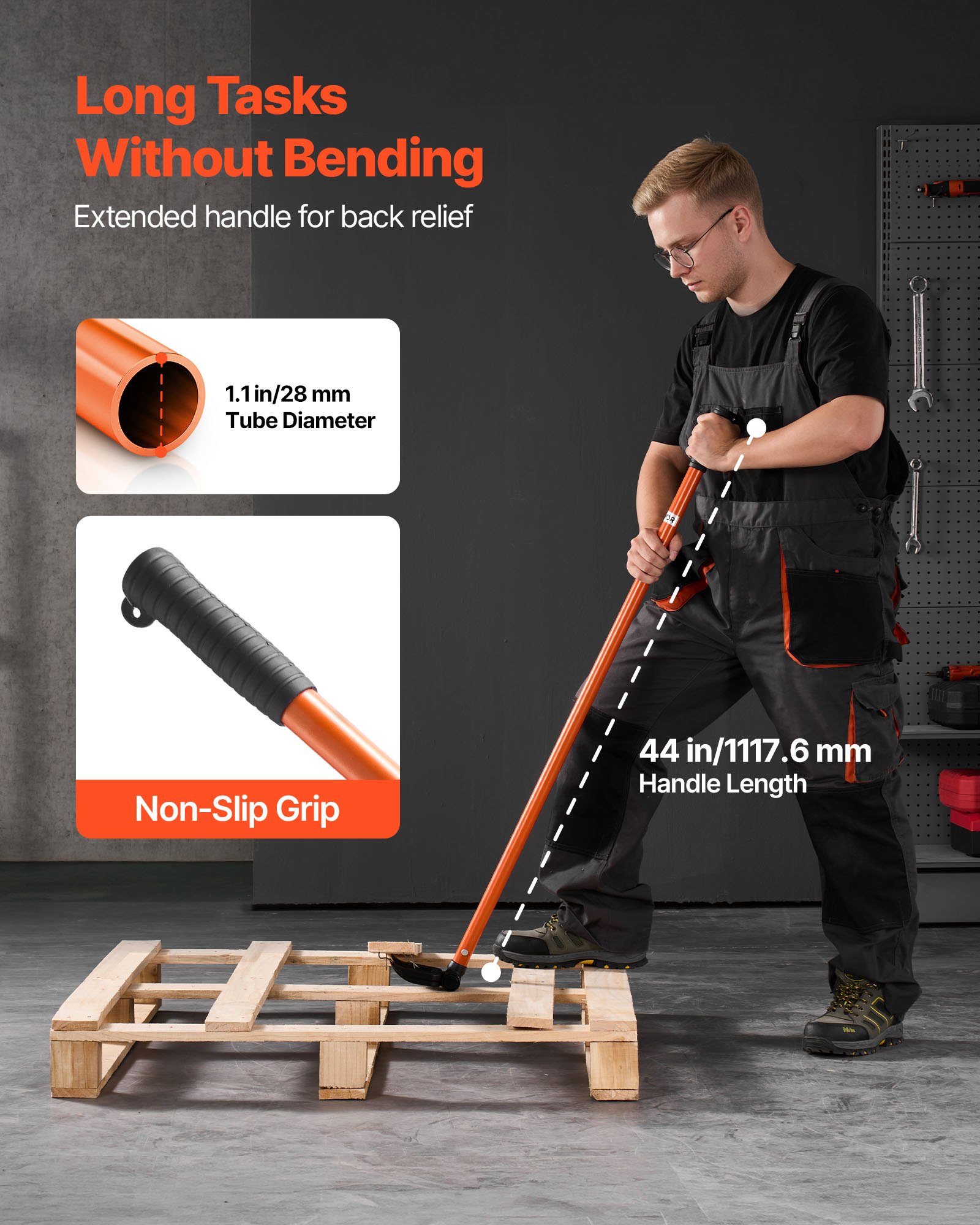 VEVOR Pallet Buster Tool, 1.1 m Carbon Steel Handle Wrecking Pry Bar, 907 kg Weight Capacity, Heavy Duty Deck Board Removal Tool, Breaker Bar for Flooring, Framing, Roofing, Trim, Drywall