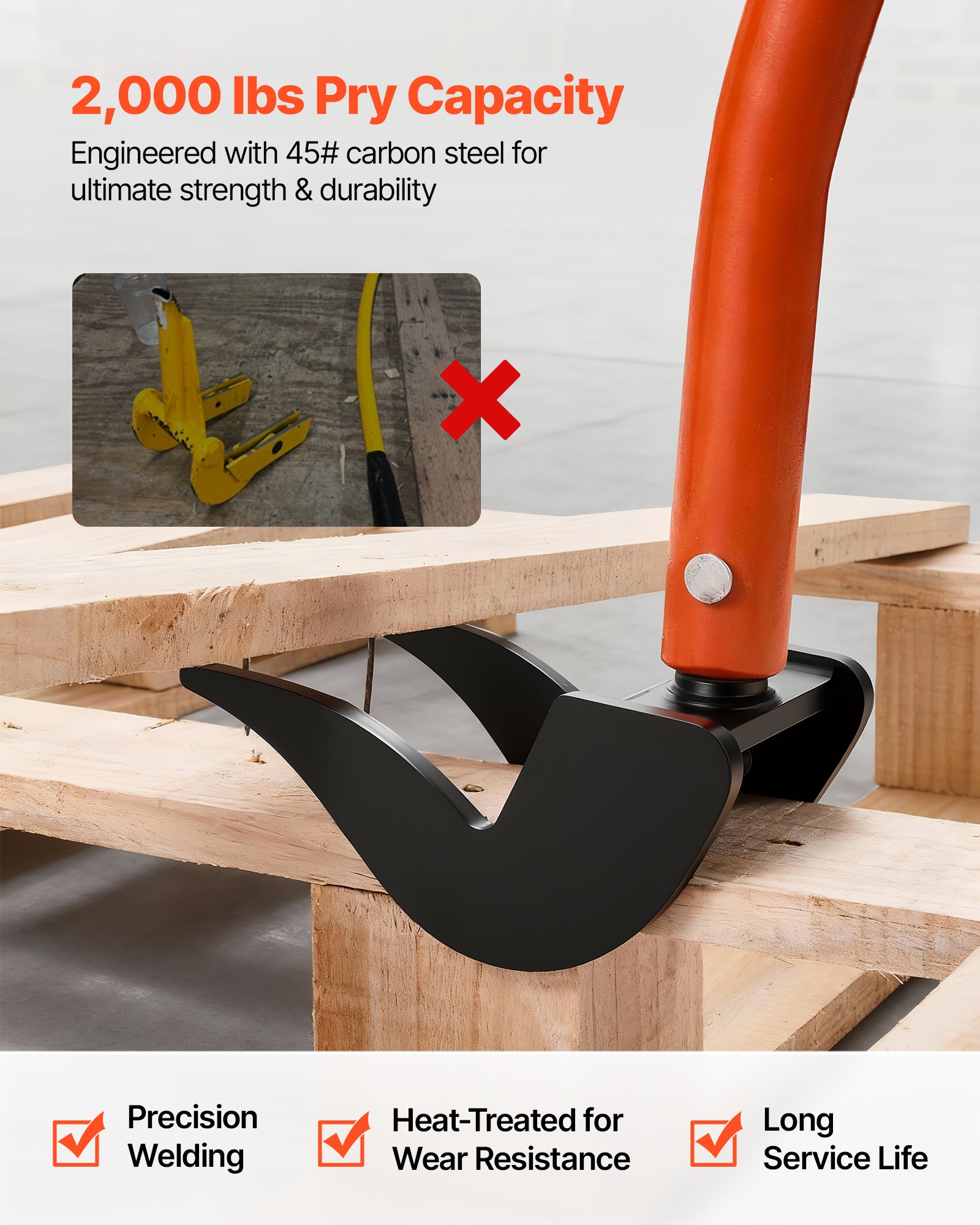 VEVOR Pallet Buster Tool, 1.27 m Carbon Steel Handle Wrecking Pry Bar, 907 kg Weight Capacity, Heavy Duty Deck Board Removal Tool, Breaker Bar for Flooring, Framing, Roofing, Trim, Drywall