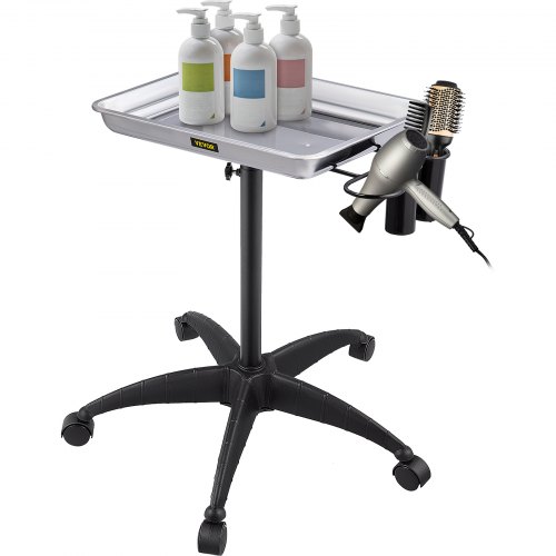 VEVOR Rolling Salon Tray, Height Adjustable, Stainless Steel Structure, Mobile Instrument Tray with 2 Cups & 1 Metal Ring, 360 Degree Swivel Casters, for Salon Lab Clinic, Silver