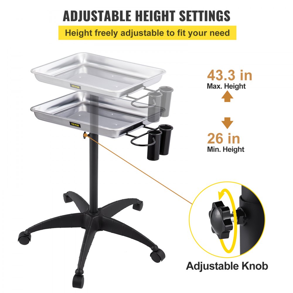 VEVOR mayo stand with adjustable height settings from 26 to 43.3 inches, and convenient adjustable knob.