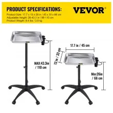 VEVOR Mayo Stand Medical Tray, Height Adjustable Stainless Steel Salon Tray Easy Assemble Tattoo Cart Lab Tray with 2 Cups & 1 Metal Ring for SPA Clinic Personal Care Lab Hospital Dentistry, Silver
