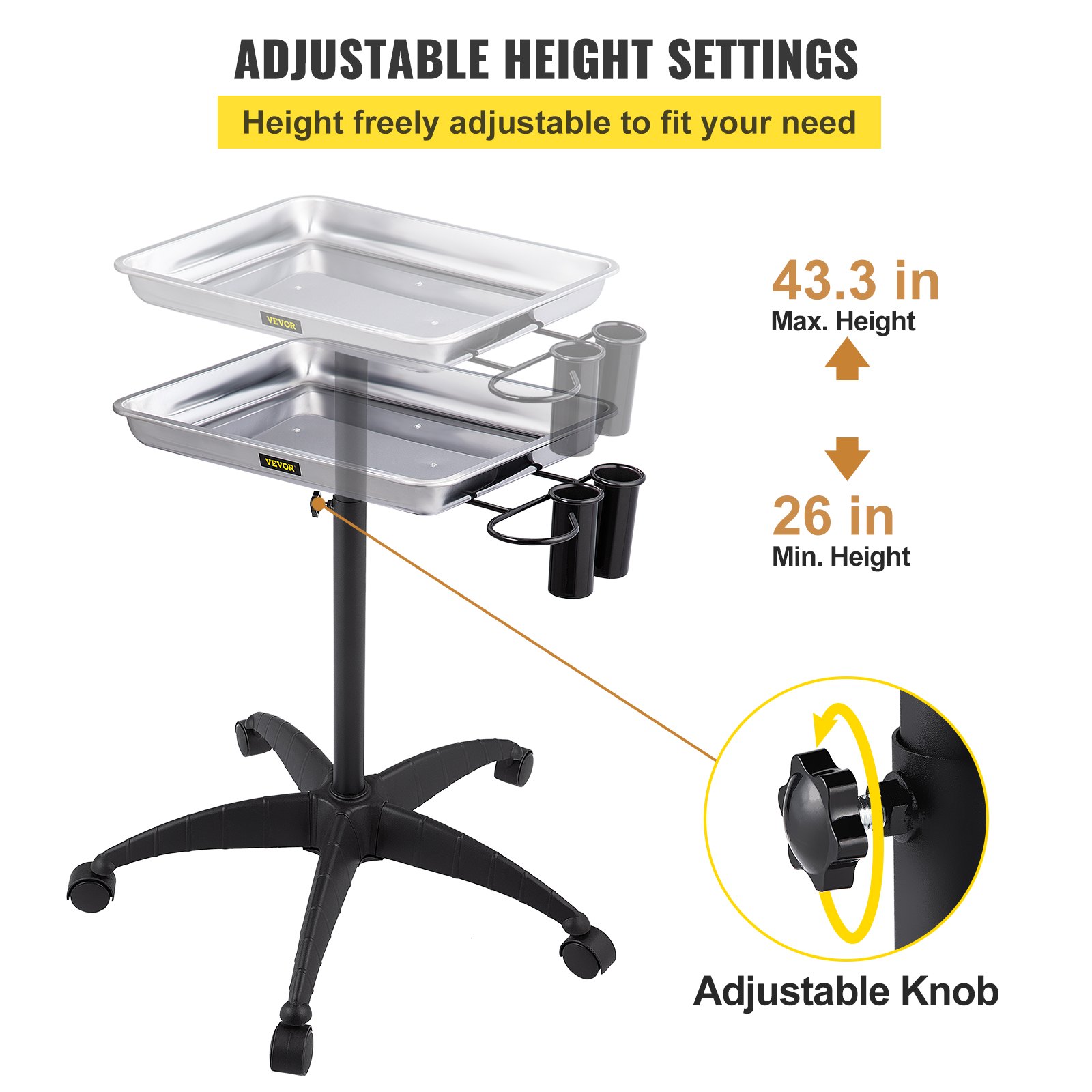 VEVOR mayo stand with adjustable height settings from 26 to 43.3 inches, and convenient adjustable knob.