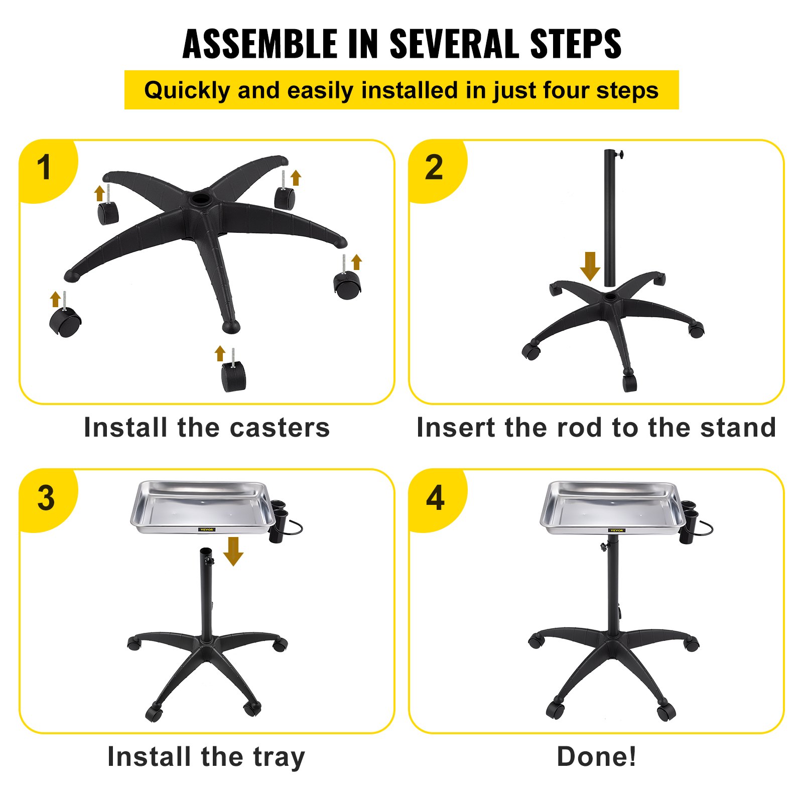 assemble the VEVOR mayo stand in four steps: install casters, insert rod, install tray, done.