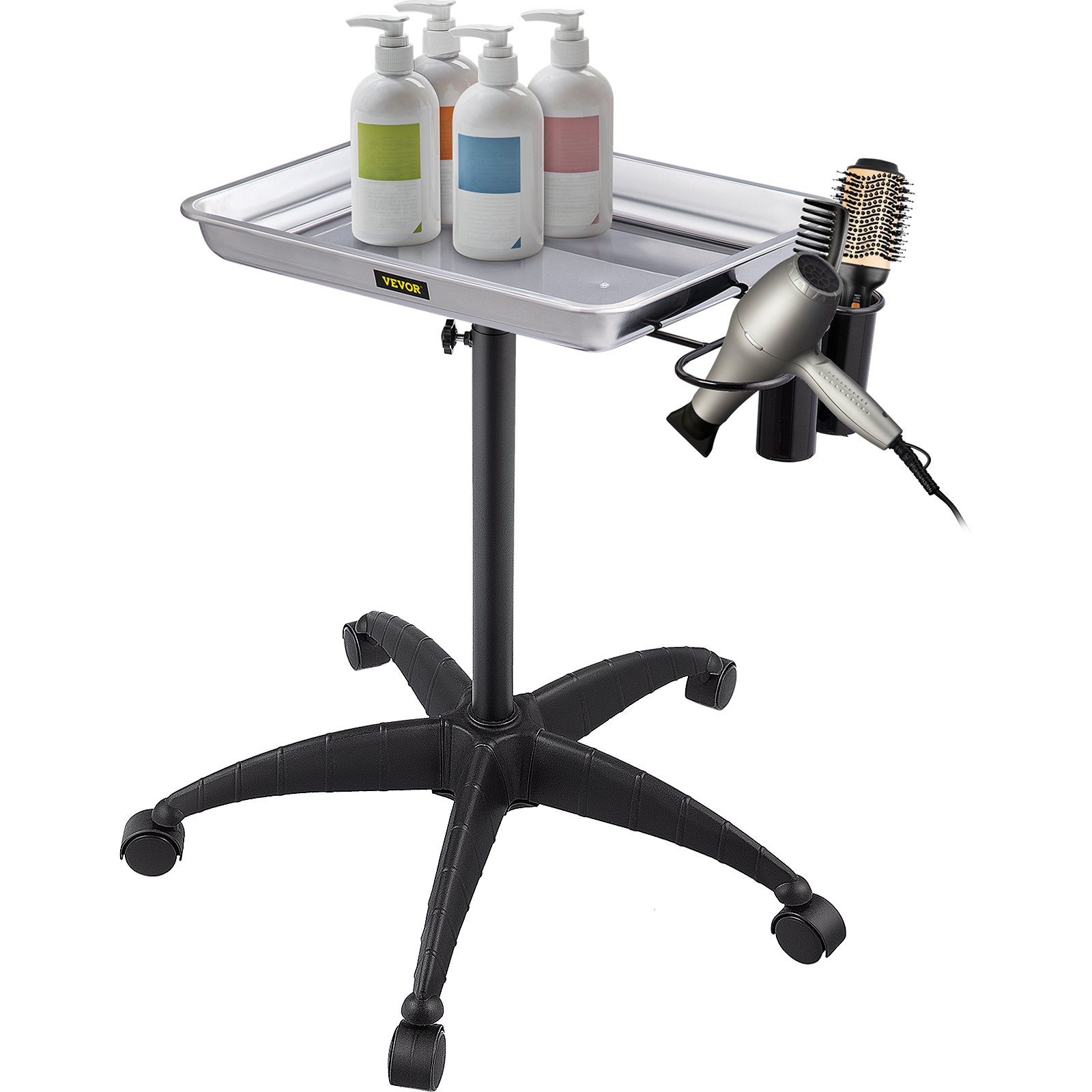 VEVOR mayo stand with bottles, hairdryer, and brush, on black base with casters.