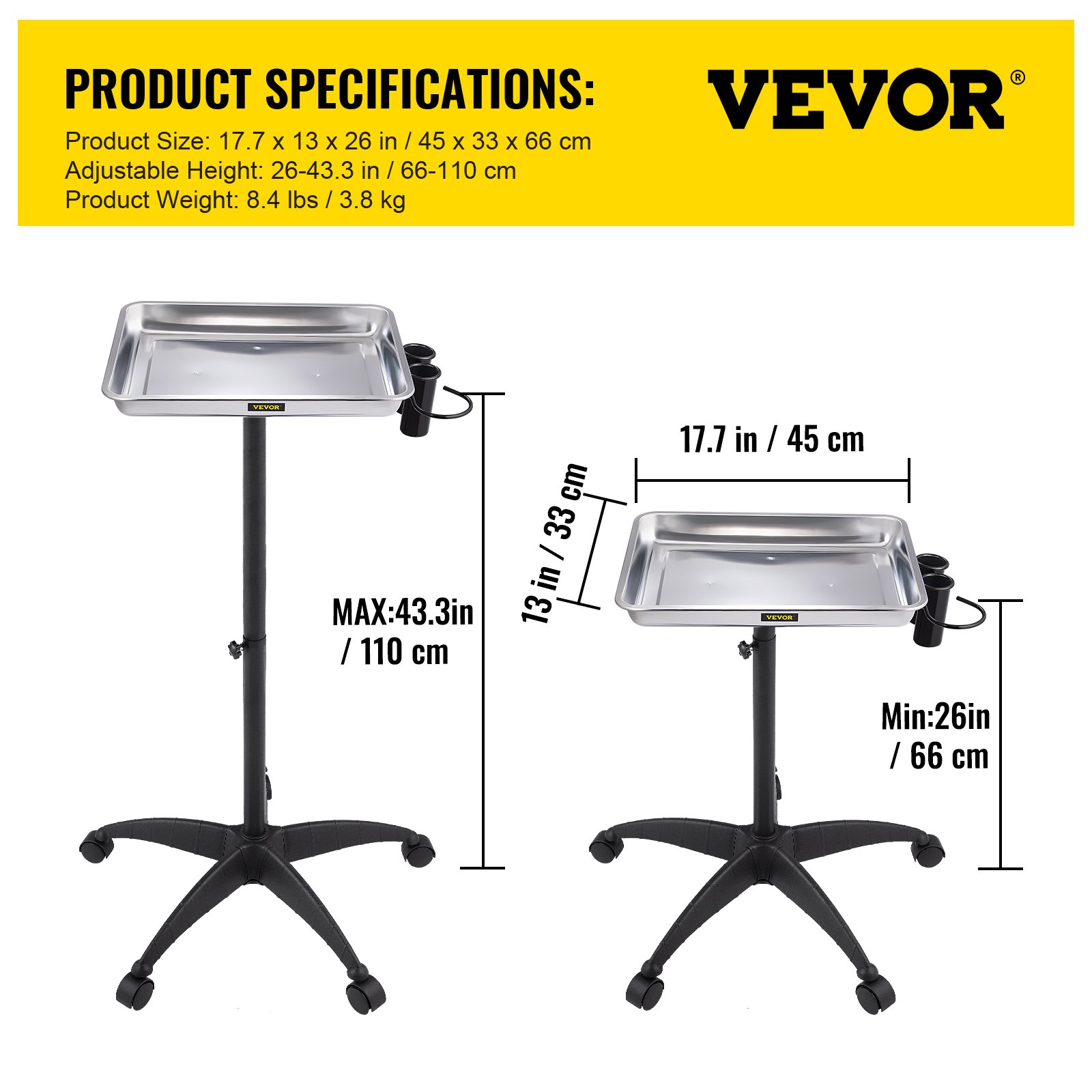 VEVOR Mayo Stand Medical Tray, Height Adjustable Stainless Steel Salon Tray Easy Assemble Tattoo Cart Lab Tray with 2 Cups & 1 Metal Ring for SPA Clinic Personal Care Lab Hospital Dentistry, Silver