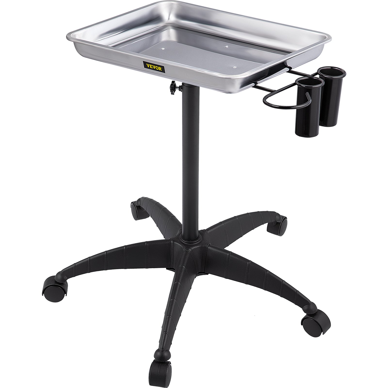 VEVOR Mayo Stand Medical Tray, Height Adjustable Stainless Steel Salon Tray Easy Assemble Tattoo Cart Lab Tray with 2 Cups & 1 Metal Ring for SPA Clinic Personal Care Lab Hospital Dentistry, Silver
