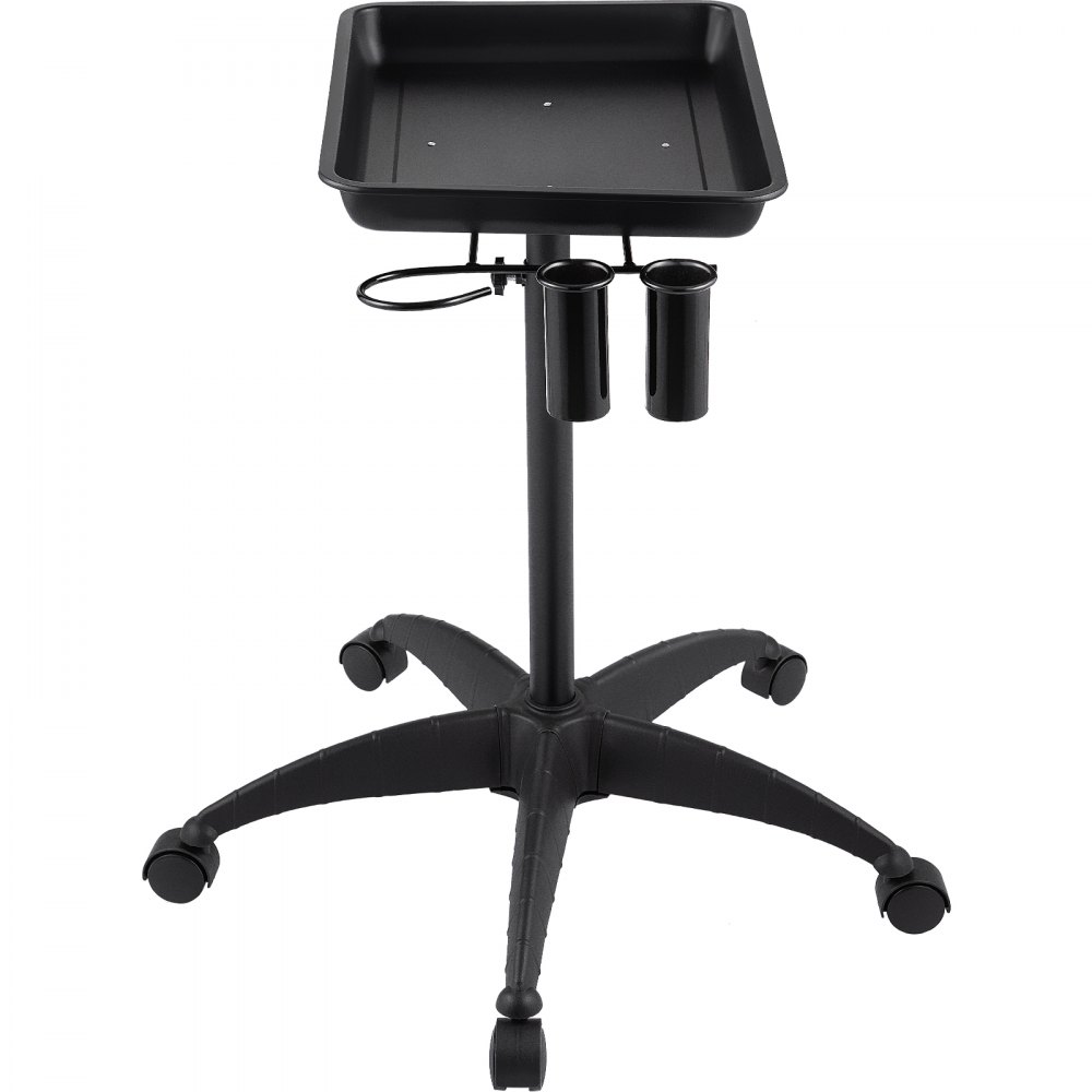 VEVOR mayo stand with black tray, dual cylinder holders, and rolling five-star base.