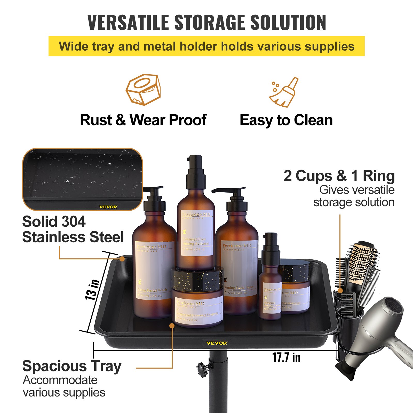 VEVOR mayo stand with spacious tray, 304 stainless steel, rust-proof, holds various supplies, easy to clean.