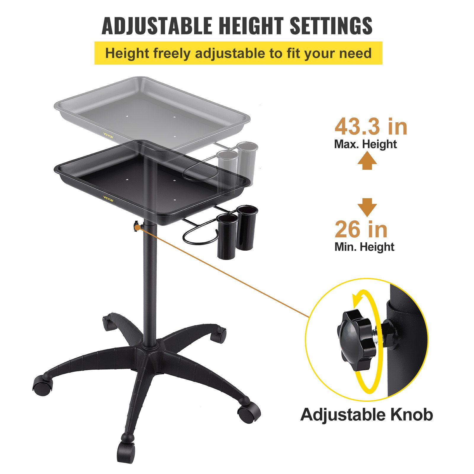 VEVOR mayo stand with adjustable height (26 in to 43.3 in), dual tray, and accessory holders.