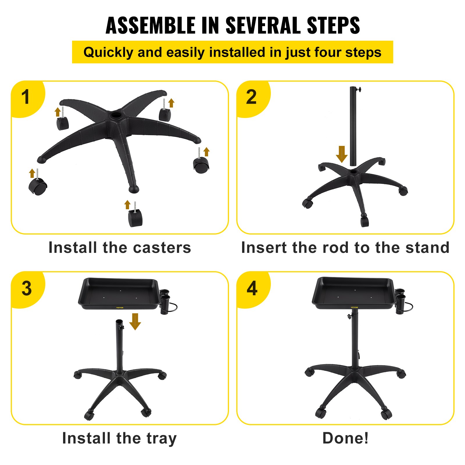 assemble the VEVOR mayo stand in four steps: install casters, insert rod, attach tray, done.
