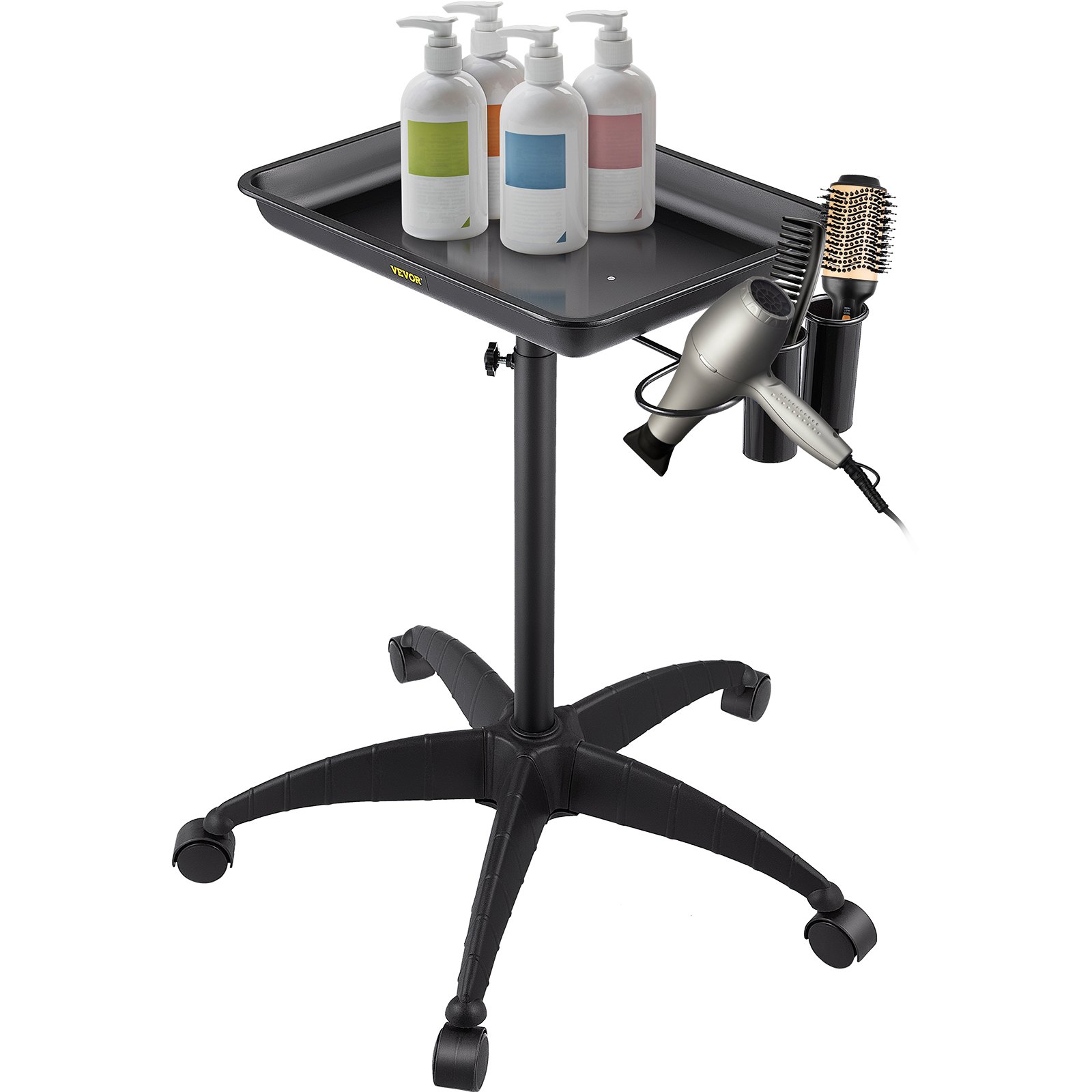 VEVOR mayo stand with bottles, hair dryer, and brush on a sturdy black base with wheels.