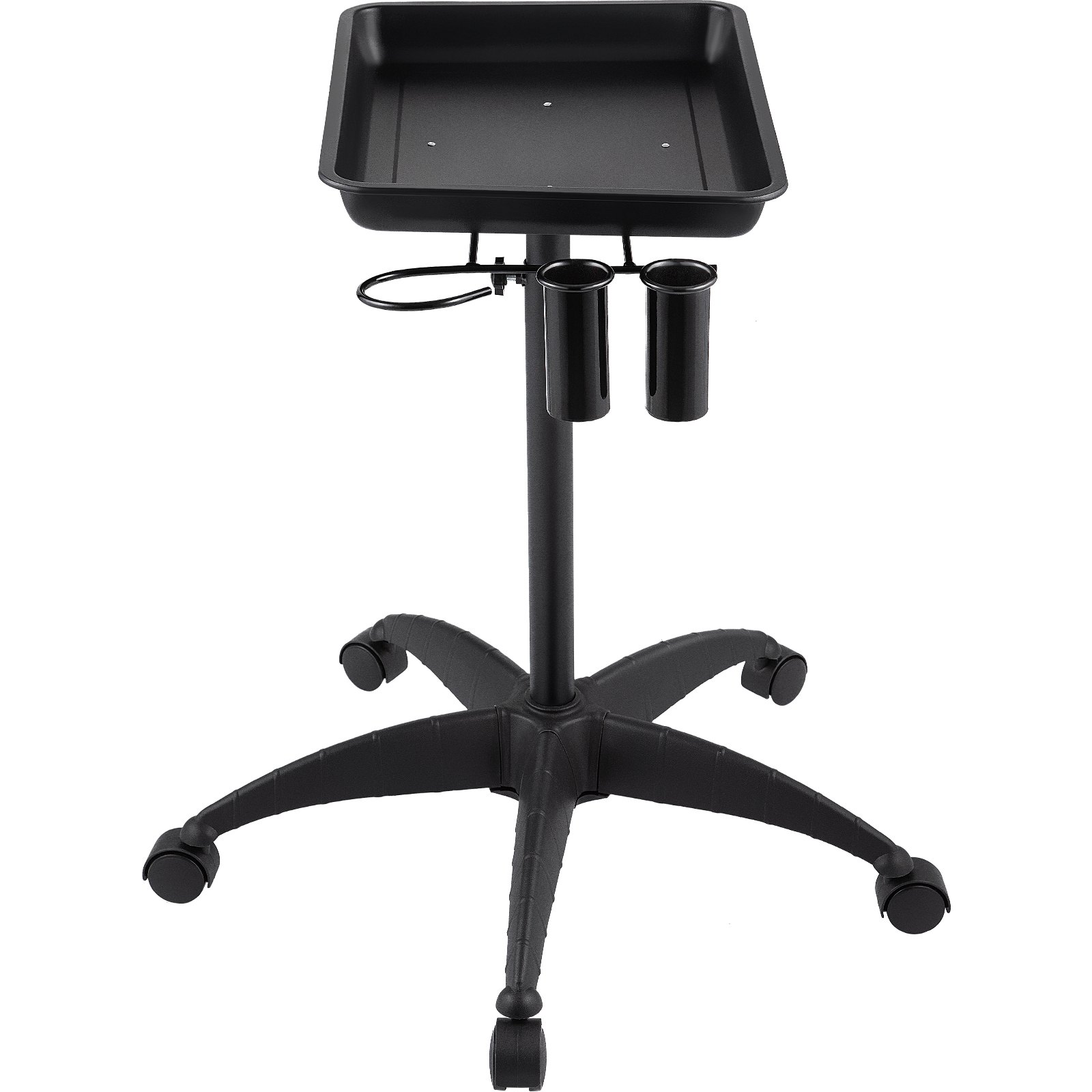 VEVOR mayo stand with black tray, dual cylinder holders, and rolling five-star base.