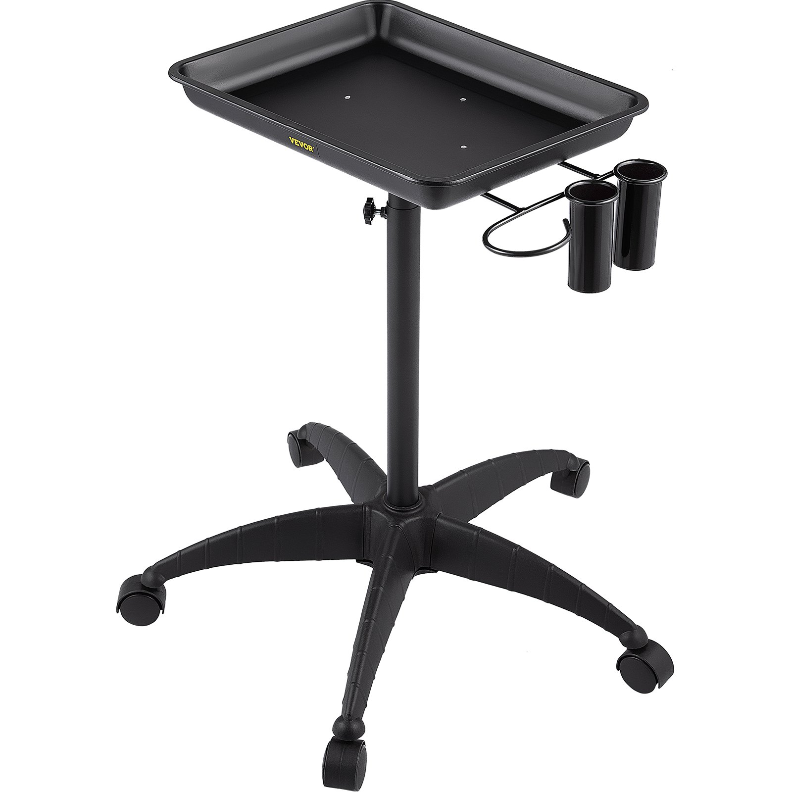 VEVOR mayo stand with black tray and dual cup holders on adjustable base with wheels.