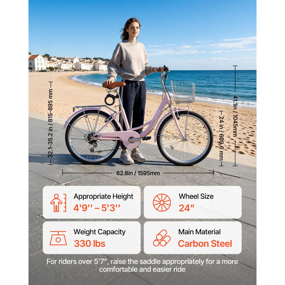 VEVOR Women Bike, 24 in Beach Cruiser Bike, 7-Speed Adult City Bicycle with Carbon Steel Frame, 330 lbs Capacity, Basket, Rear Rack & Dual V-Brakes, Pink