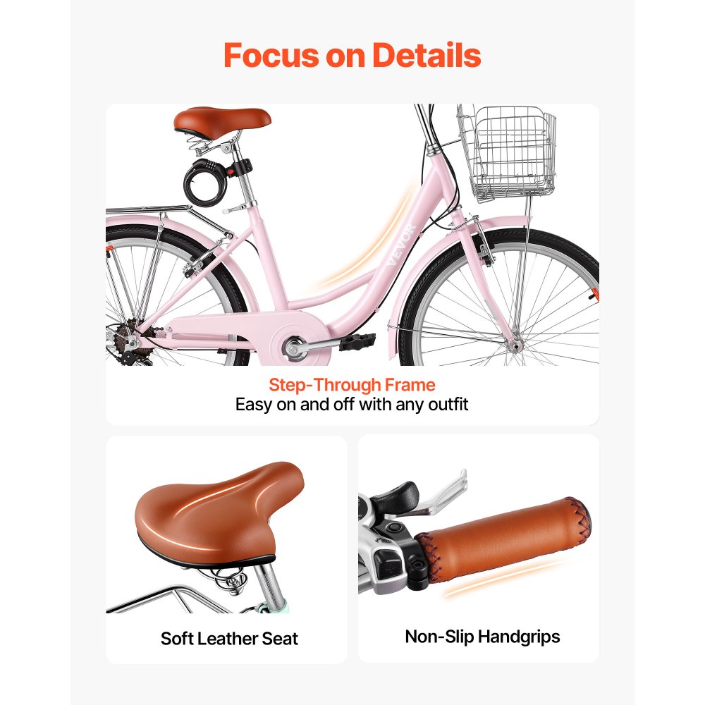VEVOR Women Bike, 24 in Beach Cruiser Bike, 7-Speed Adult City Bicycle with Carbon Steel Frame, 330 lbs Capacity, Basket, Rear Rack & Dual V-Brakes, Pink