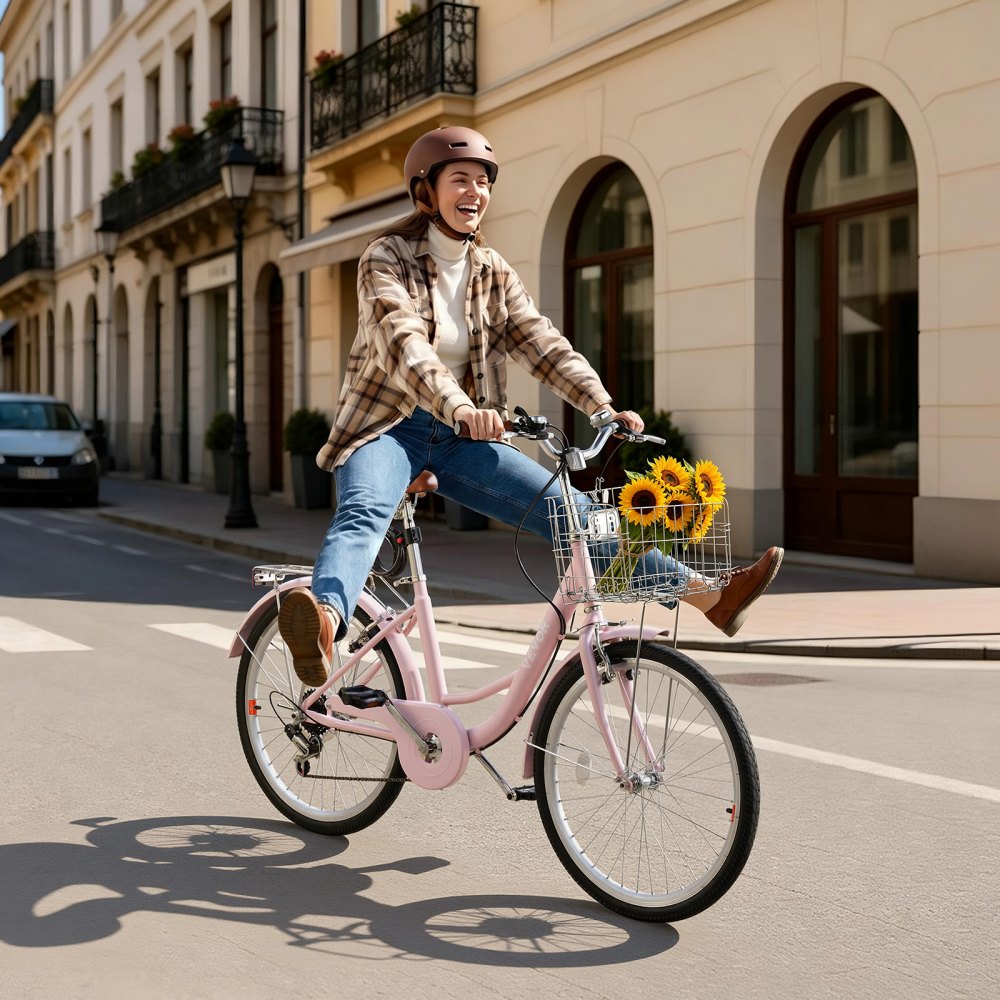 VEVOR Women Bike, 24 in Beach Cruiser Bike, 7-Speed Adult City Bicycle with Carbon Steel Frame, 330 lbs Capacity, Basket, Rear Rack & Dual V-Brakes, Pink