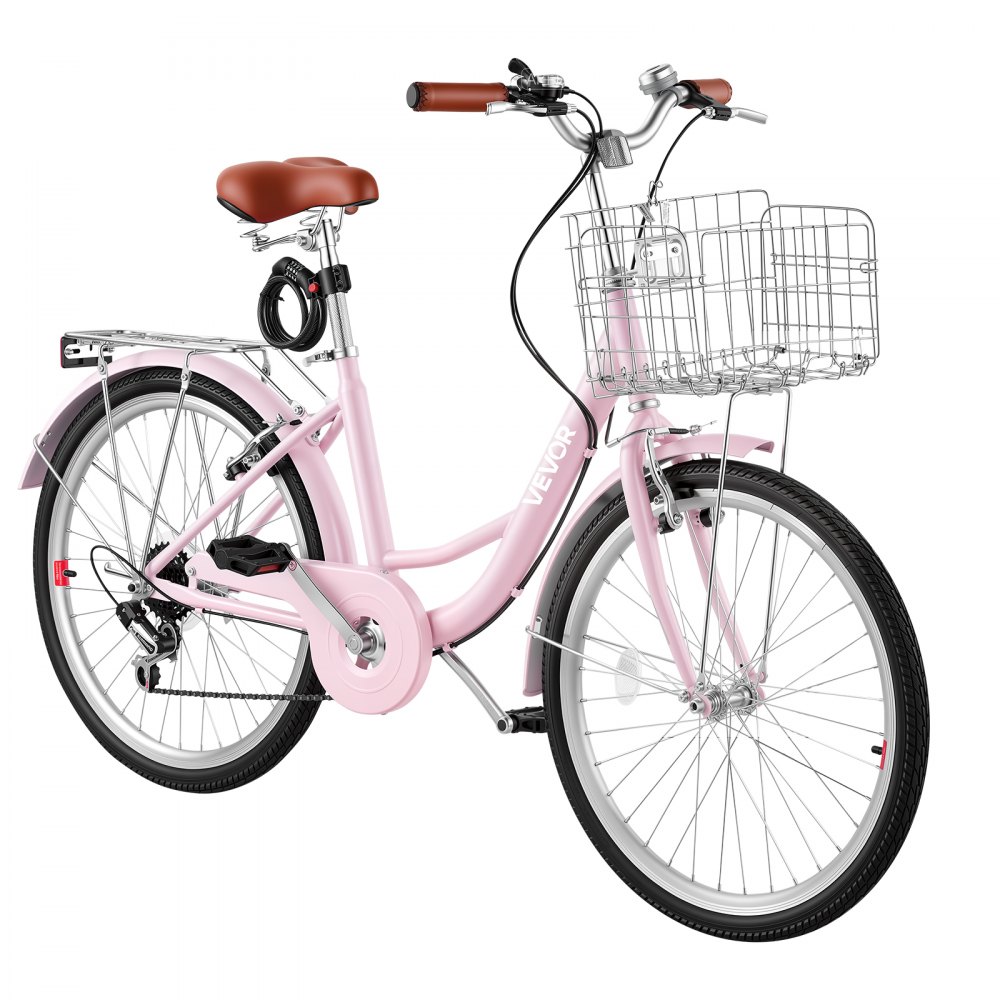 VEVOR Women Bike, 24 in Beach Cruiser Bike, 7-Speed Adult City Bicycle with Carbon Steel Frame, 330 lbs Capacity, Basket, Rear Rack & Dual V-Brakes, Pink