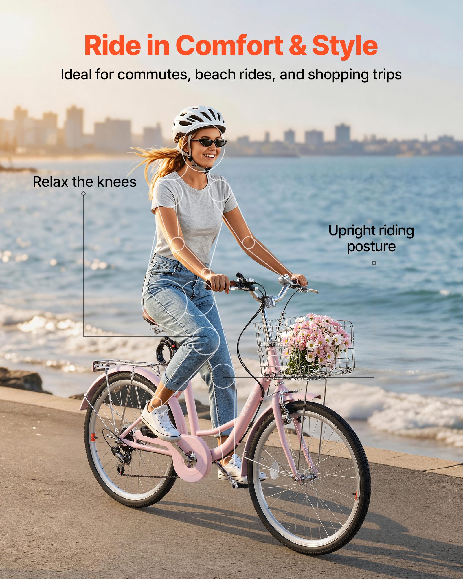 VEVOR Women Bike, 24 in Beach Cruiser Bike, 7-Speed Adult City Bicycle with Carbon Steel Frame, 330 lbs Capacity, Basket, Rear Rack & Dual V-Brakes, Pink