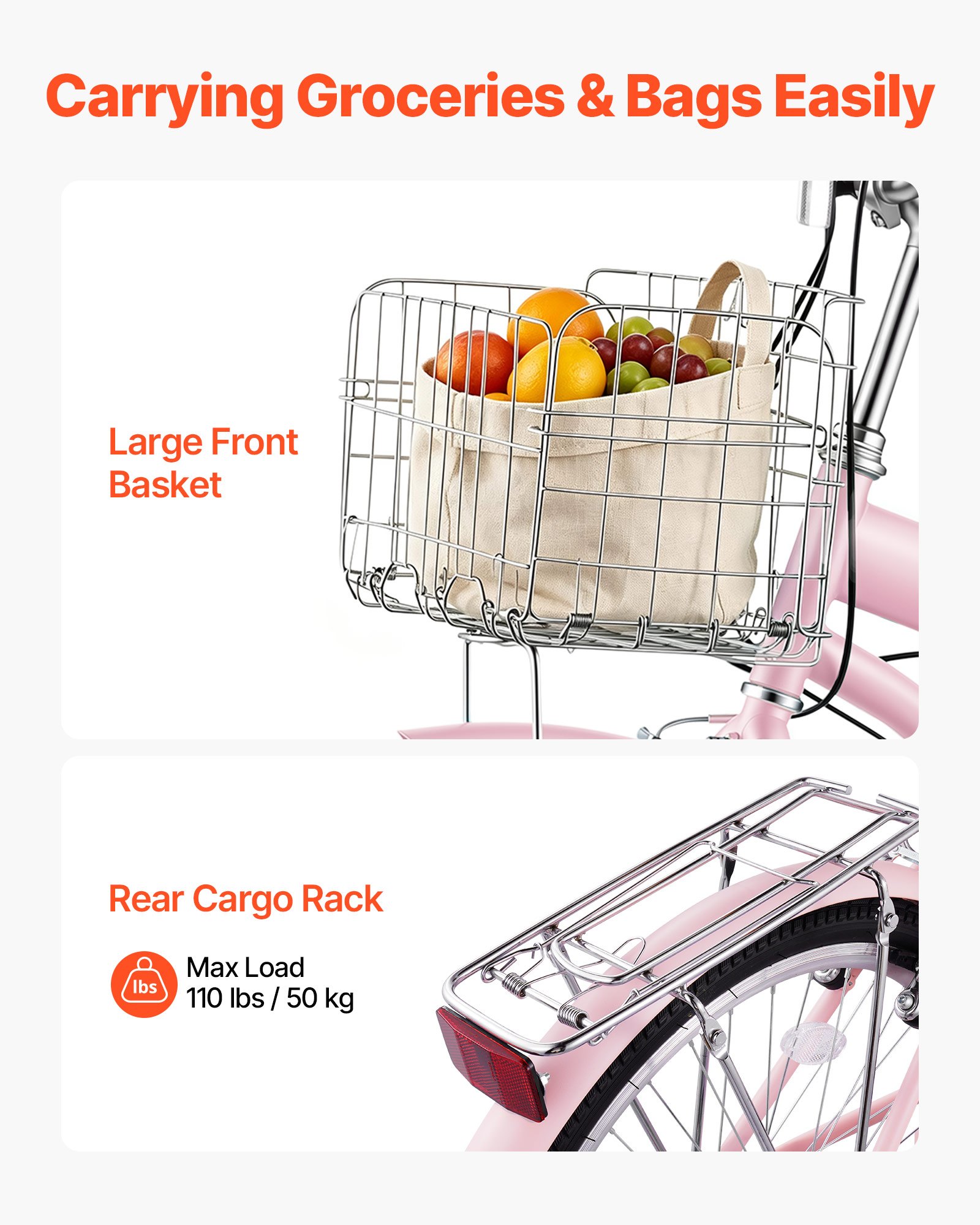 VEVOR Women Bike, 24 in Beach Cruiser Bike, 7-Speed Adult City Bicycle with Carbon Steel Frame, 330 lbs Capacity, Basket, Rear Rack & Dual V-Brakes, Pink