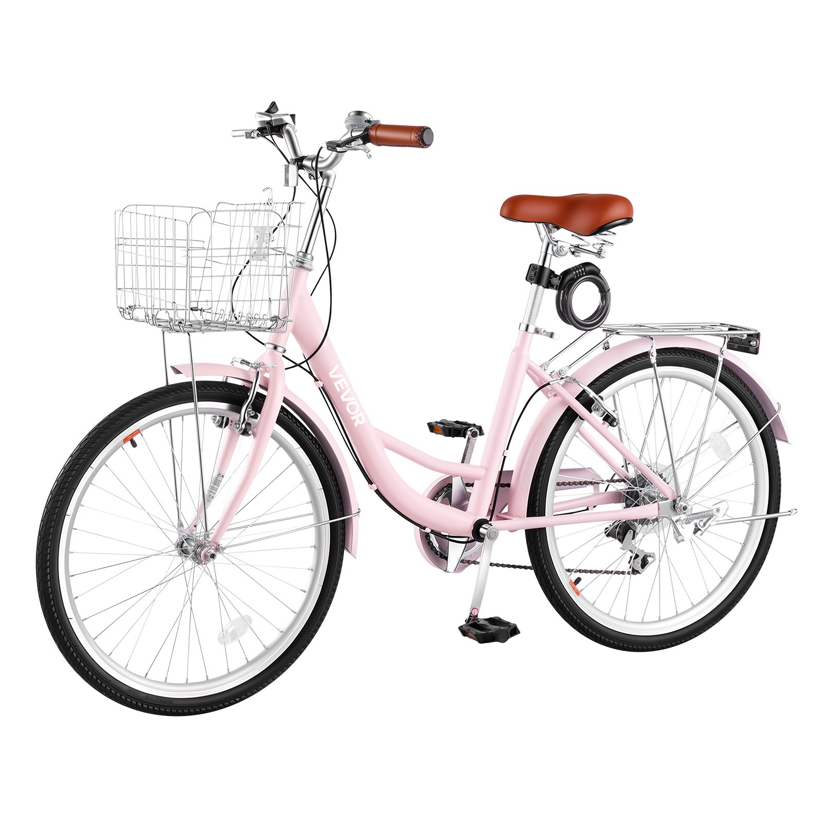 VEVOR Women Bike, 24 in Beach Cruiser Bike, 7-Speed Adult City Bicycle with Carbon Steel Frame, 330 lbs Capacity, Basket, Rear Rack & Dual V-Brakes, Pink