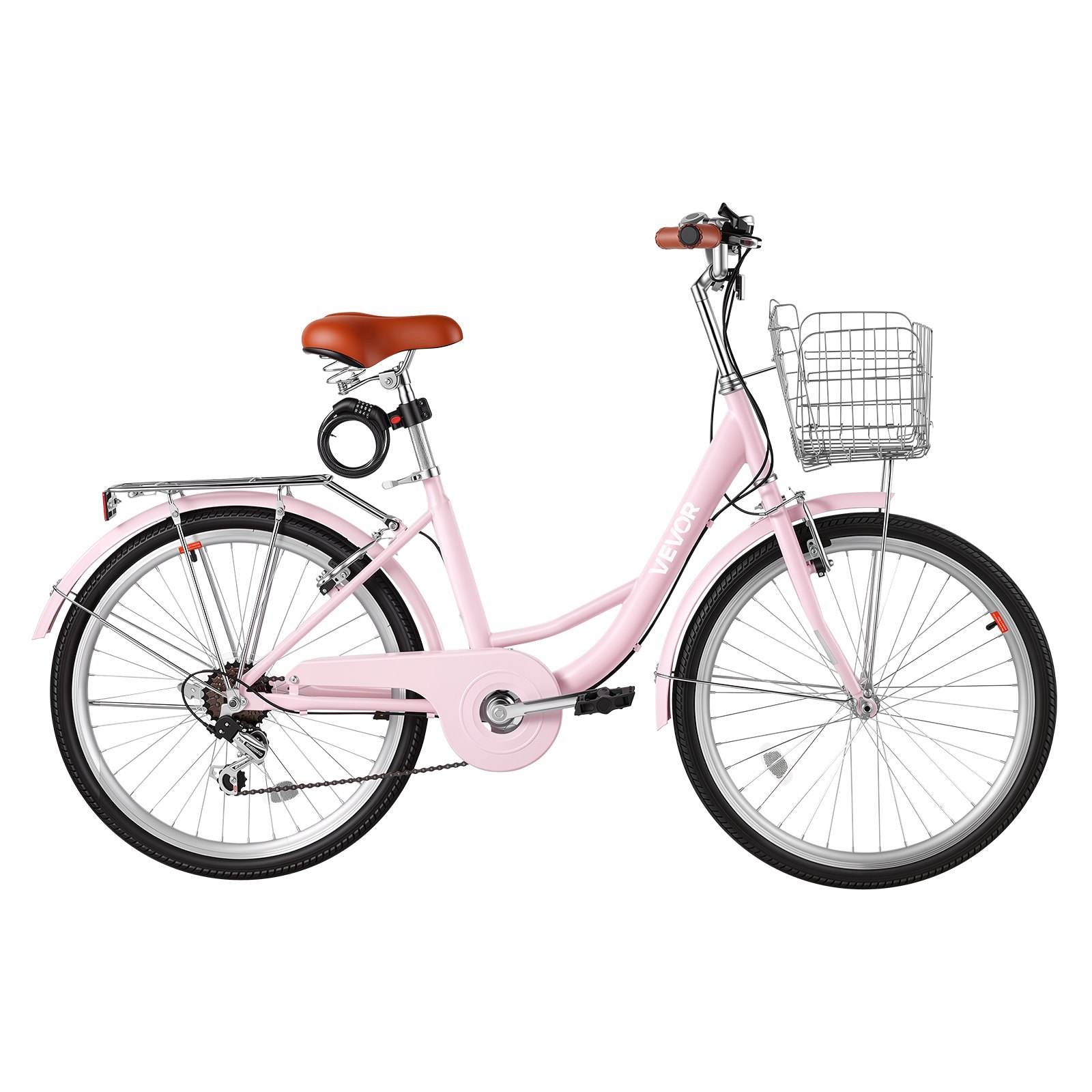 VEVOR Women Bike, 24 in Beach Cruiser Bike, 7-Speed Adult City Bicycle with Carbon Steel Frame, 330 lbs Capacity, Basket, Rear Rack & Dual V-Brakes, Pink