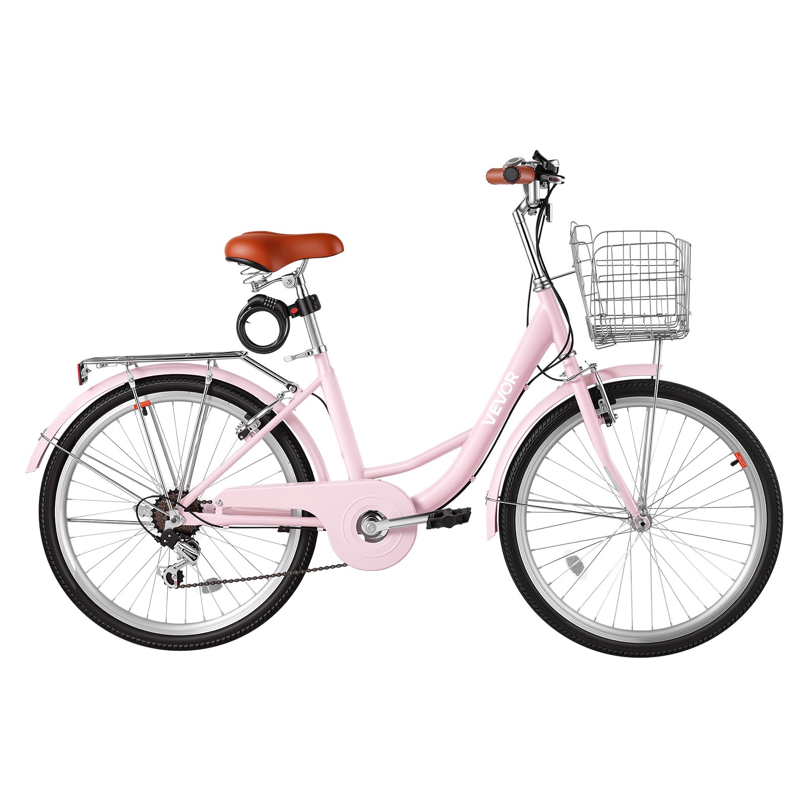 VEVOR Women Bike, 24 in Beach Cruiser Bike, 7-Speed Adult City Bicycle with Carbon Steel Frame, 330 lbs Capacity, Basket, Rear Rack & Dual V-Brakes, Pink