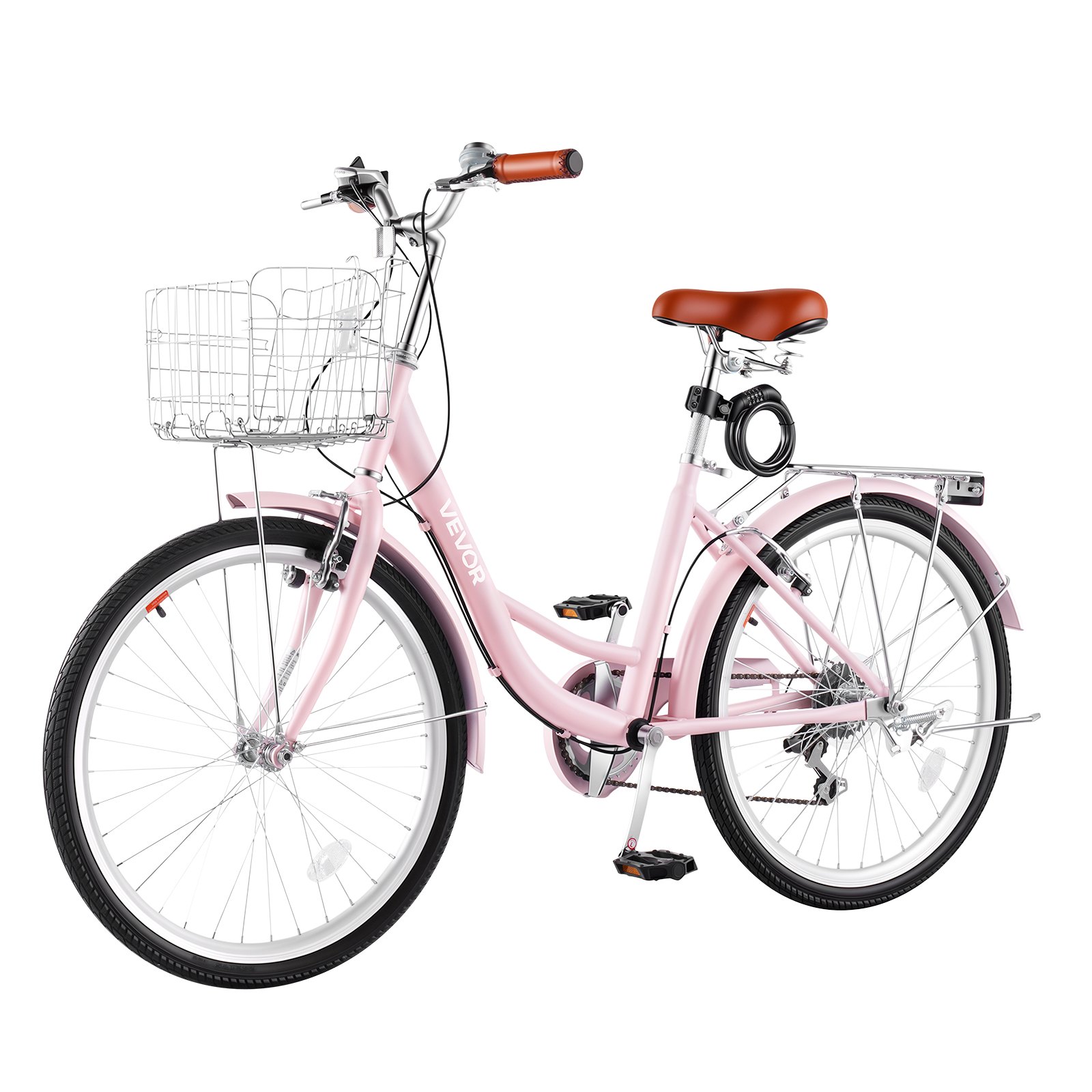 VEVOR Women Bike, 24 in Beach Cruiser Bike, 7-Speed Adult City Bicycle with Carbon Steel Frame, 330 lbs Capacity, Basket, Rear Rack & Dual V-Brakes, Pink