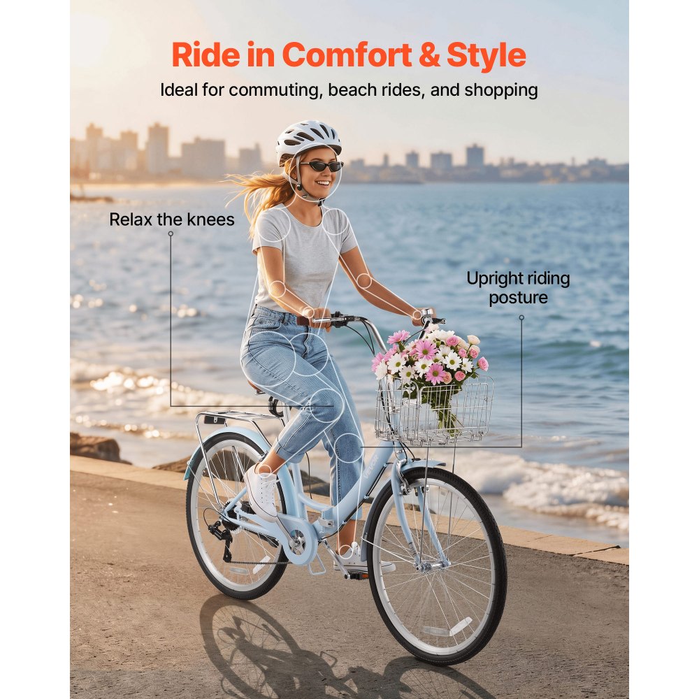 VEVOR Women Bike, 26 in Folding Beach Cruiser Bike, 7-Speed Adult City Bicycle with Steel Frame, 330 lbs Capacity, Basket, Rear Rack & Dual V-Brakes, Light Blue