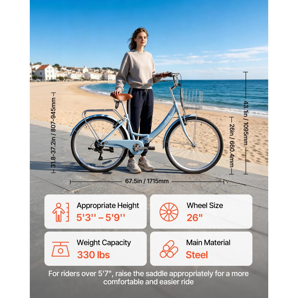 VEVOR Women Bike, 26 in Folding Beach Cruiser Bike, 7-Speed Adult City Bicycle with Steel Frame, 330 lbs Capacity, Basket, Rear Rack & Dual V-Brakes, Light Blue