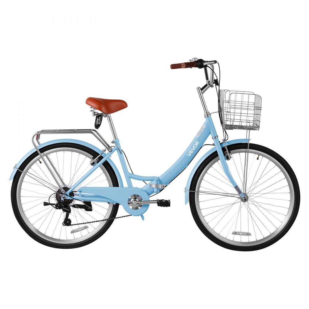 VEVOR Women Bike, 26 in Folding Beach Cruiser Bike, 7-Speed Adult City Bicycle with Steel Frame, 330 lbs Capacity, Basket, Rear Rack & Dual V-Brakes, Light Blue