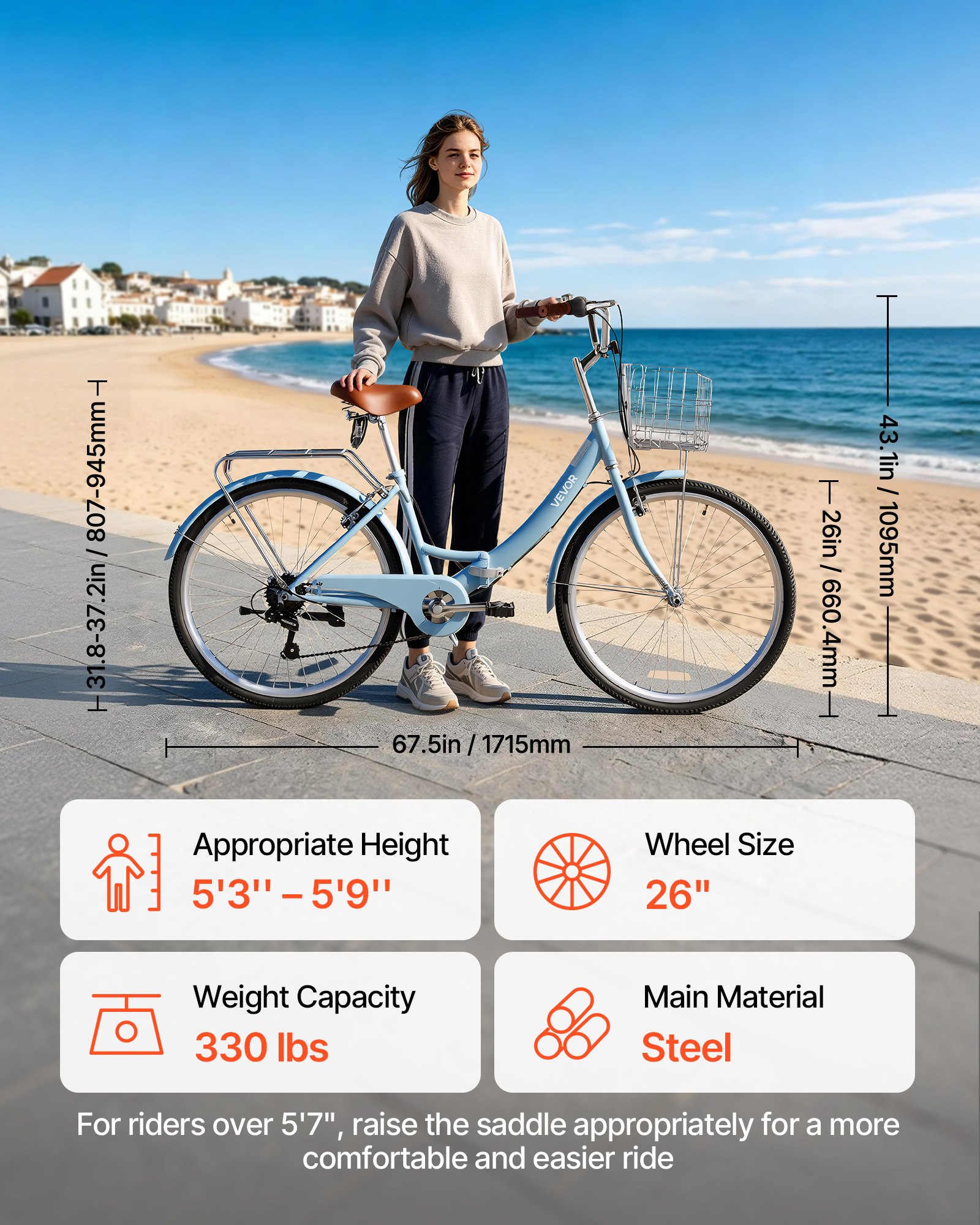 VEVOR Women Bike, 26 in Folding Beach Cruiser Bike, 7-Speed Adult City Bicycle with Steel Frame, 330 lbs Capacity, Basket, Rear Rack & Dual V-Brakes, Light Blue