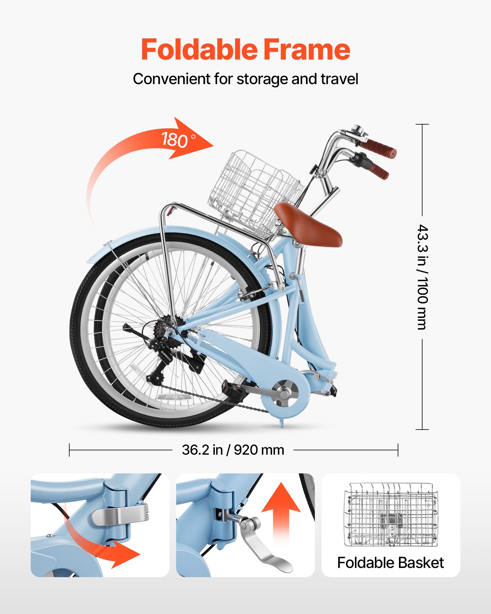 VEVOR Women Bike, 26 in Folding Beach Cruiser Bike, 7-Speed Adult City Bicycle with Steel Frame, 330 lbs Capacity, Basket, Rear Rack & Dual V-Brakes, Light Blue