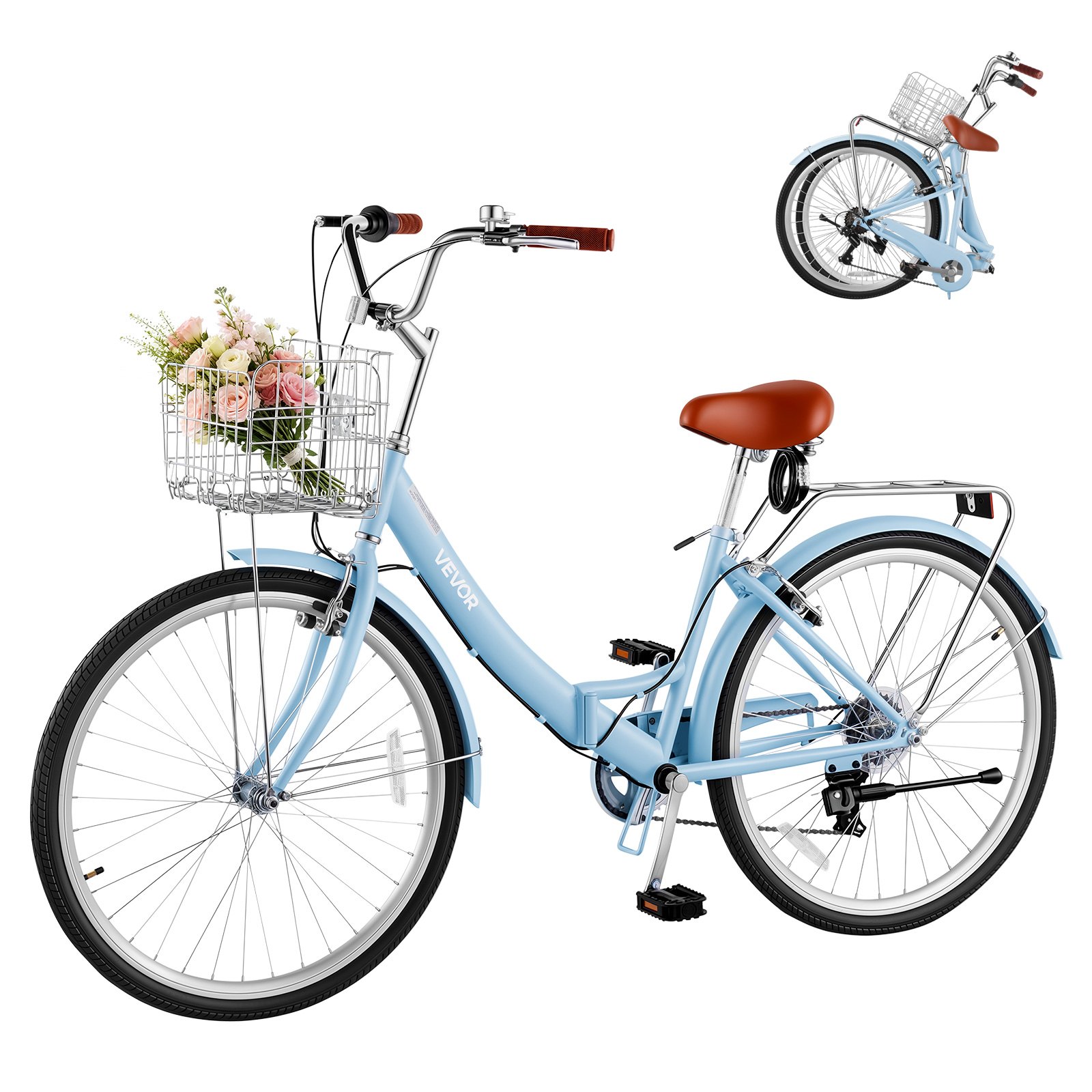 VEVOR Women Bike, 26 in Folding Beach Cruiser Bike, 7-Speed Adult City Bicycle with Steel Frame, 330 lbs Capacity, Basket, Rear Rack & Dual V-Brakes, Light Blue