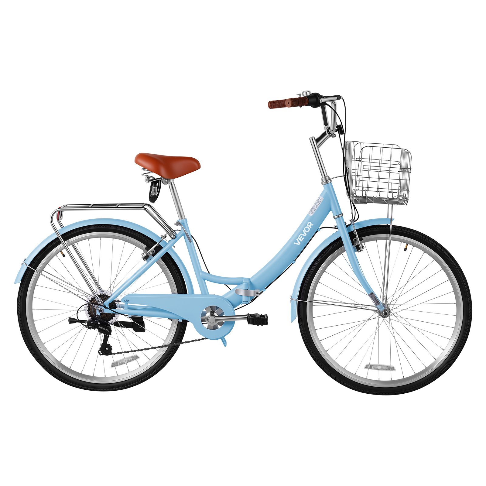 VEVOR Women Bike, 26 in Folding Beach Cruiser Bike, 7-Speed Adult City Bicycle with Steel Frame, 330 lbs Capacity, Basket, Rear Rack & Dual V-Brakes, Light Blue