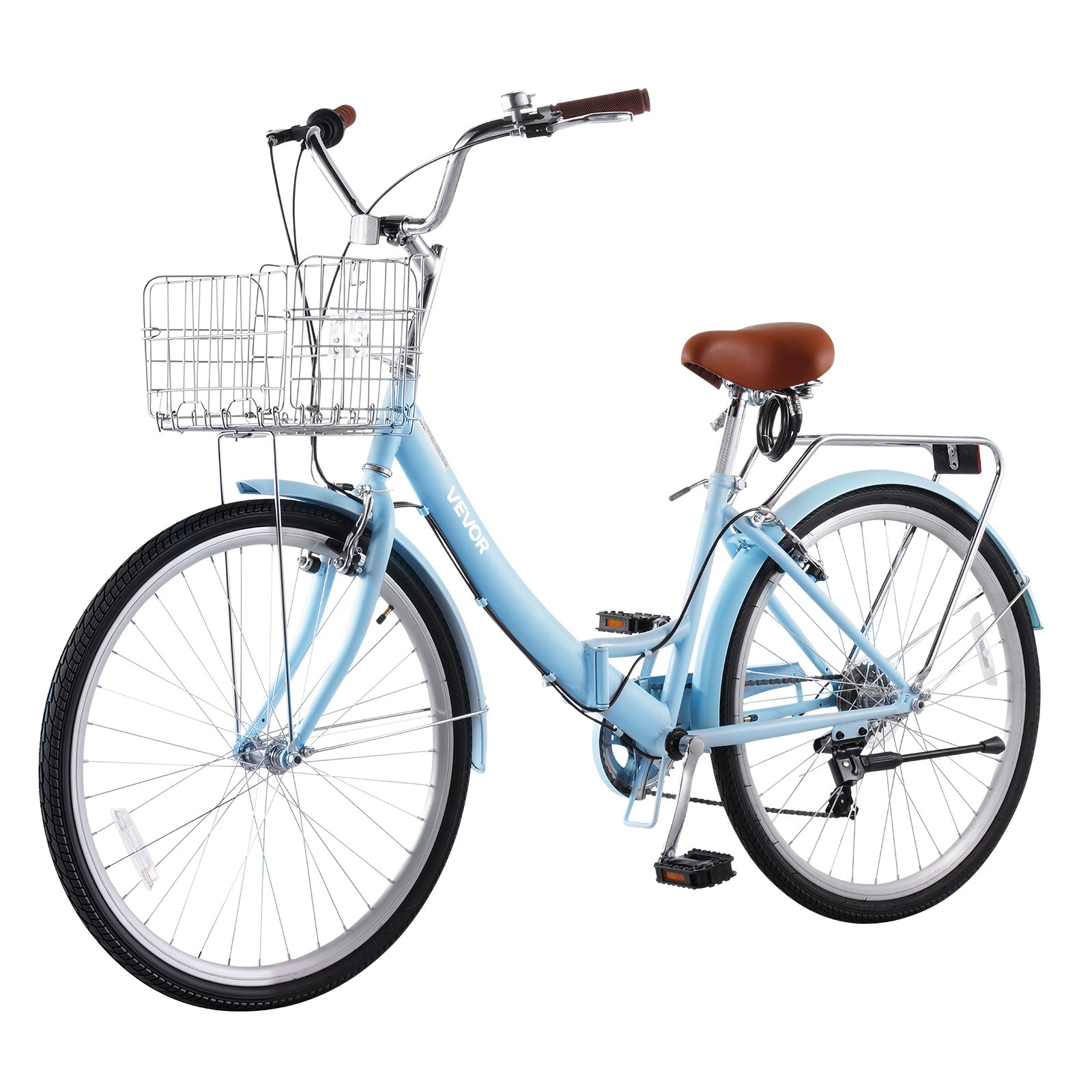 VEVOR Women Bike, 26 in Folding Beach Cruiser Bike, 7-Speed Adult City Bicycle with Steel Frame, 330 lbs Capacity, Basket, Rear Rack & Dual V-Brakes, Light Blue