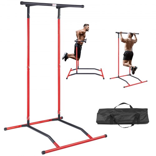 VEVOR Power Tower Dip Station, 2-Level Height Adjustable Pull Up Bar Stand, Multi-Function Strength Training Workout Equipment, Home Gym Fitness Dip Bar Station, 220LBS Weight Capacity, Black & Red