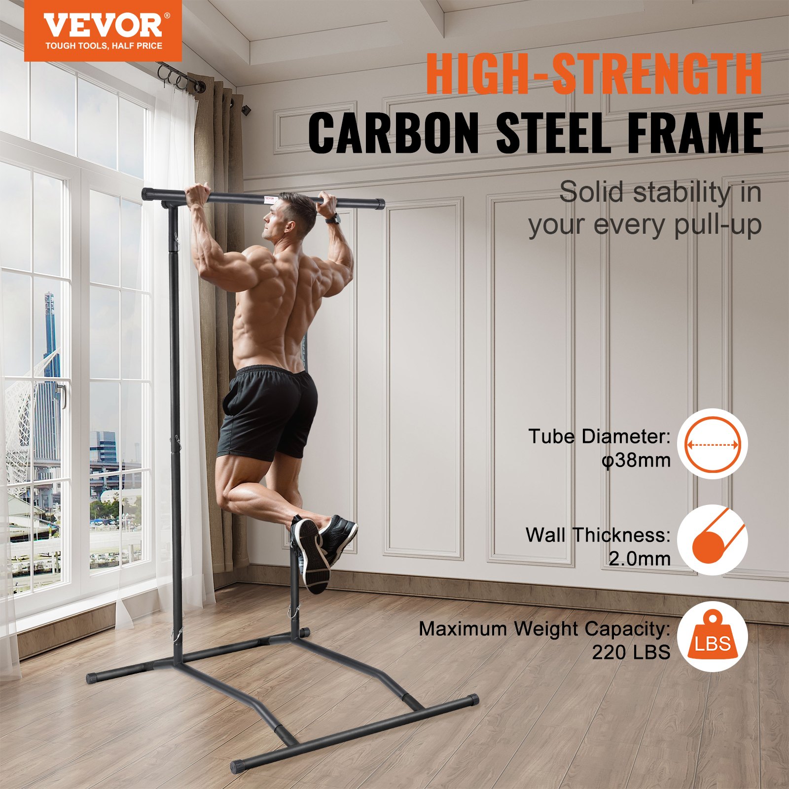 VEVOR Power Tower Dip Station, 2-Level Height Adjustable Pull Up Bar Stand, Multi-Function Strength Training Workout Equipment, Home Gym Fitness Dip Bar Station, 220LBS Weight Capacity, Black