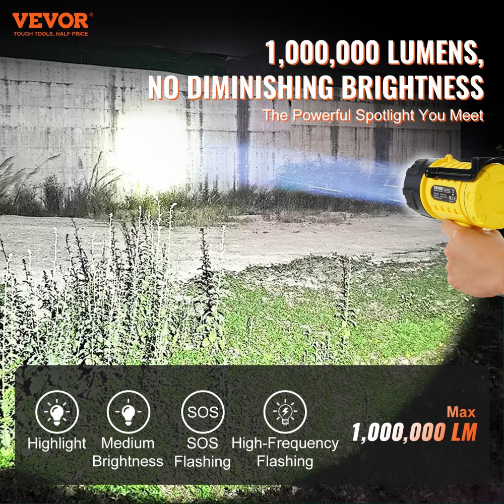 VEVOR Rechargeable Spotlight Flashlight, 1000,000 Lumens, IP67 Waterproof Handheld LED Spot Light, Super Bright Portable Searchlight with 4 Modes Detachable Lens USB Port, for Hunting Boating Camping