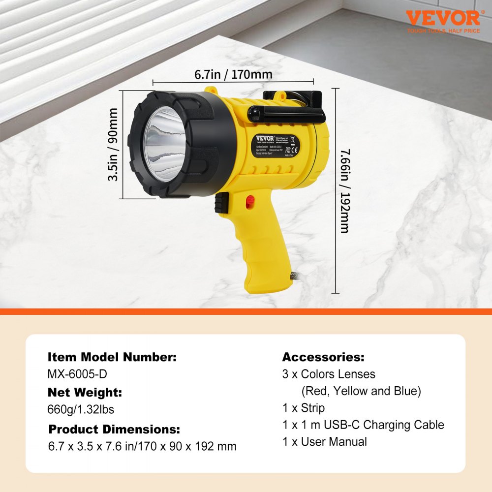 VEVOR Rechargeable Spotlight Flashlight, 1000,000 Lumens, IP67 Waterproof Handheld LED Spot Light, Super Bright Portable Searchlight with 4 Modes Detachable Lens USB Port, for Hunting Boating Camping