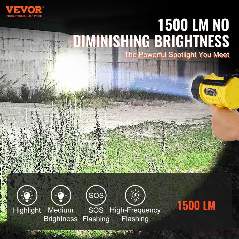 VEVOR Rechargeable Spotlight Flashlight, 1000,000 Lumens, IP67 Waterproof Handheld LED Spot Light, Super Bright Portable Searchlight with 4 Modes Detachable Lens USB Port, for Hunting Boating Camping